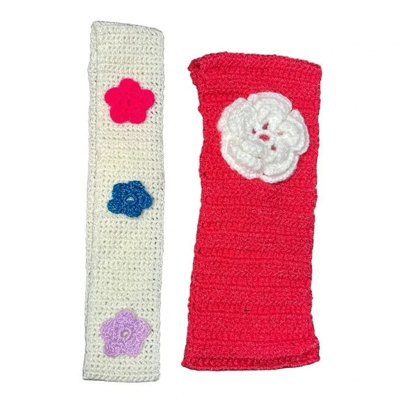HANDMADE CROCHET KNITTED HEADBANDS SET OF 4 GREEN PURPLE RED WHITE FLORAL - Picture 2 of 5